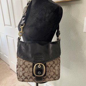 COACH BLEECKER BEIGE SIGNATURE CANVAS BLACK LEATHER HOBO SHOULDER BAG